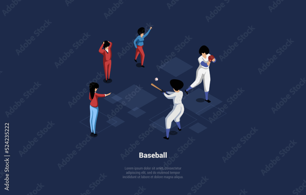 Concept Of Baseball Play And Sports Academy. Baseball Team Playing Match. Team Player Throwing Ball To The Opponent. Referees and Fans are Watching the Game. Isometric Cartoon 3D Vector Illustration