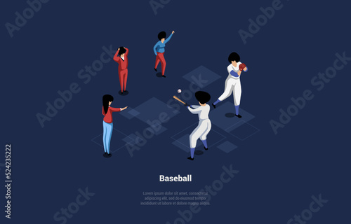 Concept Of Baseball Play And Sports Academy. Baseball Team Playing Match. Team Player Throwing Ball To The Opponent. Referees and Fans are Watching the Game. Isometric Cartoon 3D Vector Illustration