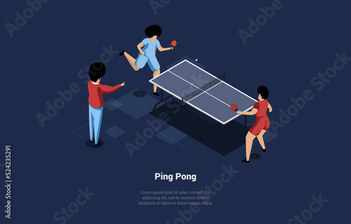 Concept Of Ping Pong Play And Sports Academy. Ping Pong Team Playing Match. Team Player Serves Ball To The Opponent. Referees and Fans are Watching the Game. Isometric Cartoon 3D Vector Illustration