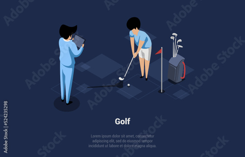 Concept Of Playing Golf And Sports Academy. Golf Player Playing Match. Player Driving Ball Into the Hole Using Stick. Referees and Fans are Watching the Game. Isometric Cartoon 3D Vector Illustration