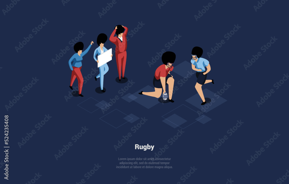 Concept Of Playing Rugby And Sports Academy. Player With Rugby Ball and Opponent. Referees and Fans are Watching the Game. Sports Stadium for Competition. Isometric Cartoon 3D Vector Illustration