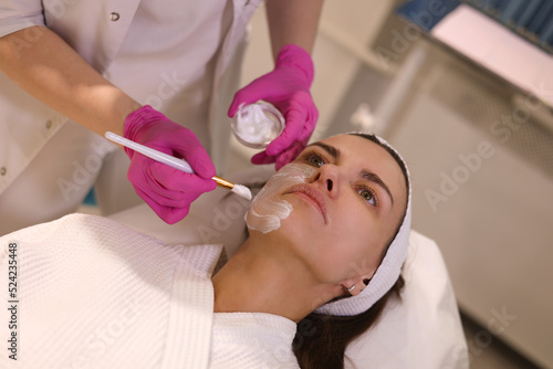 Cosmetologist applying cream with anesthesia on patient's face, portrait closeup view. Preparing skin for biorevitalization or thread lifting procedure. Woman in beauty clinic with doctor beautician.