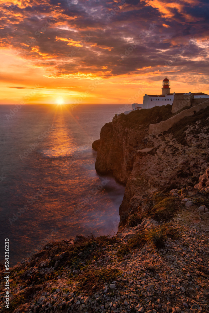 Sunset at the Sagres lighthouse in Sagres Algarve,Portugal