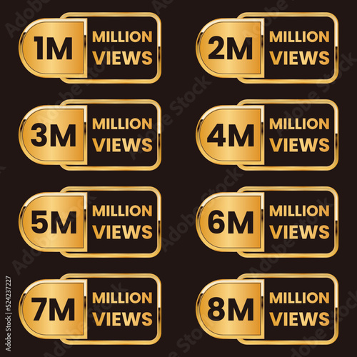 golden 1 million views to 8 million views celebration thumbnail vector set, 1m plus views badge