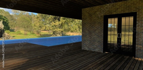 Fototapeta Naklejka Na Ścianę i Meble -  Covered terrace with pool on the roof of an advanced modern country house. Great view of open nature. 3d render.