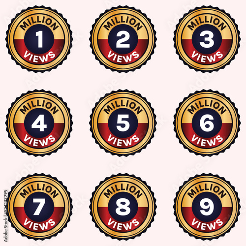 1 million views to 9 million views celebration thumbnail vector set, 1m plus views badge