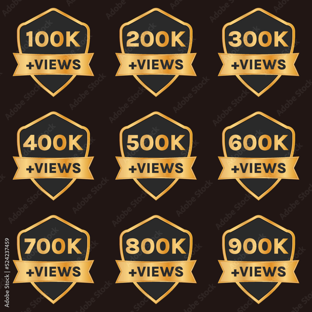 golden 100k views to 900k views celebration thumbnail vector set, 100k plus views badge