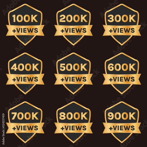 golden 100k views to 900k views celebration thumbnail vector set, 100k plus views badge