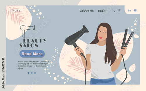 website hairdressing services, portrait of a professional woman with a hair dryer