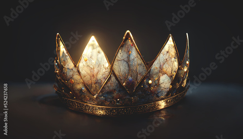 Crown of gold and precious stones on a dark uniform background. Head ornament, treasure, diadem. 3D illustration. photo