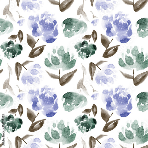 Seamless watercolor floral pattern in blue, emerald green and brown. 