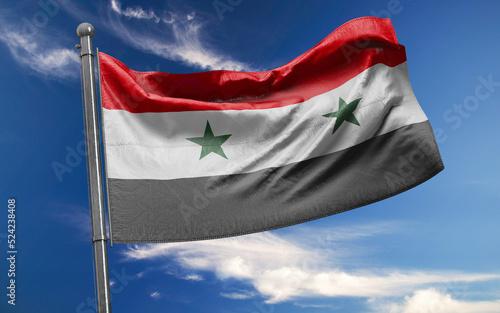 Syrian Flag is Waving Against Blue Sky with Clouds