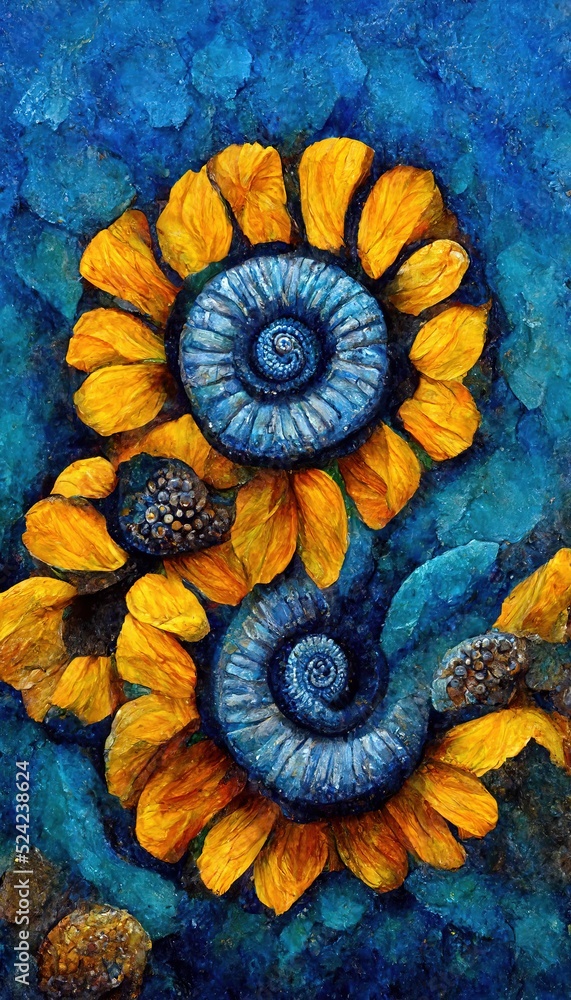 Uplifting and Imaginative flower rock art - yellow amber petals with tranquil cerulean blue and jasper brown stone pebbles background. Beautifully unique and mesmerizing to behold.