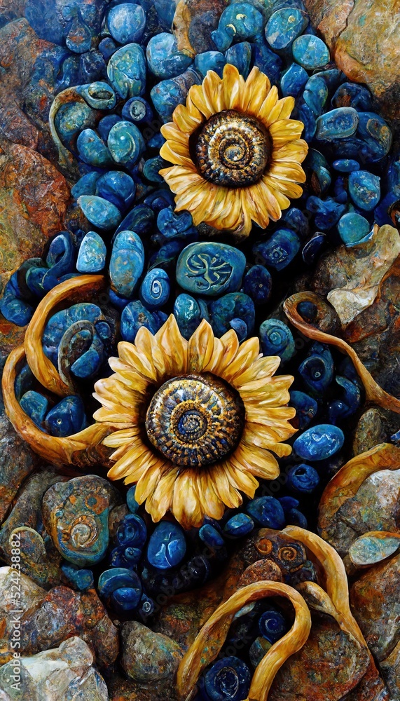 Uplifting and Imaginative flower rock art - yellow amber petals with tranquil cerulean blue and jasper brown stone pebbles background. Beautifully unique and mesmerizing to behold.