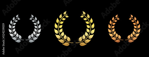 Chaplet Laurel Wreath Success Heraldry Silhouette Icon Set. Nominate Gold Bronze Silver Twig Leaf Olive Branch Reward Pictogram. Victory Achievement Emblem for Champion. Isolated Vector Illustration