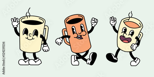 Retro vintage cartoon funny cute character coffee mascot set
