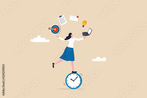 Productive woman, multitasking or time management professional, productivity or entrepreneurship, work efficiency or organize schedule, productive businessman woman balance on clock managing tasks. photo