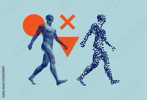 Abstract man stepping forward. One person walking on the road. 3D human body model with stipple effect.