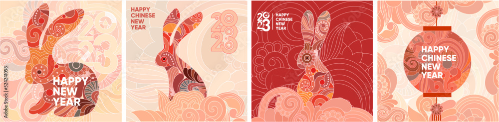 2023. Happy Chinese new year. Year of the Rabbit. Set of vector backgrounds. - obrazy, fototapety, plakaty 