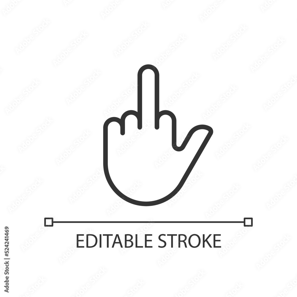 Middle finger pixel perfect linear icon. Obscene hand gesture. Offensive non verbal message. Thin line illustration. Contour symbol. Vector outline drawing. Editable stroke. Arial font used