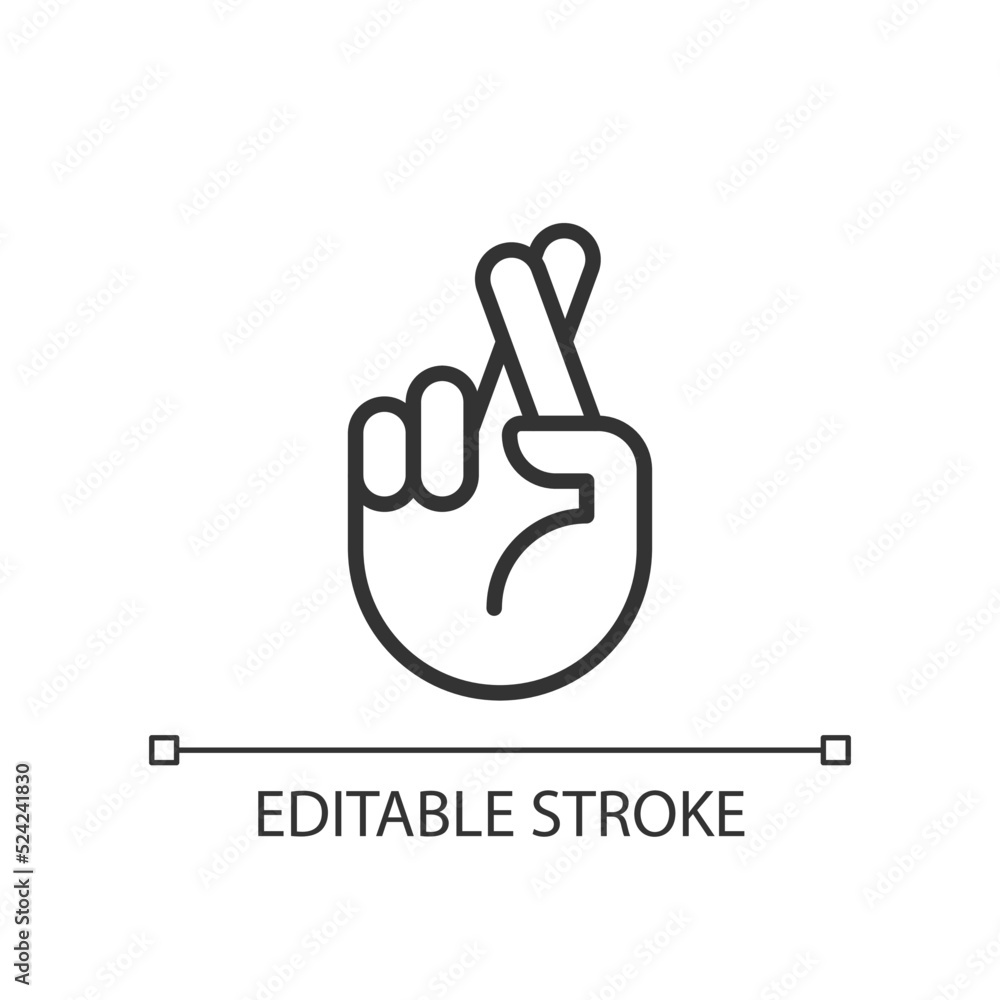Crossed fingers pixel perfect linear icon. Wishing and hope. Hand gesture. Superstitions. Thin line illustration. Contour symbol. Vector outline drawing. Editable stroke. Arial font used Crossed fingers pixel perfect linear icon. Wishing and hope. Hand gesture. Superstitions. Thin line illustration. Contour symbol. Vector outline drawing. Editable stroke. Arial font used