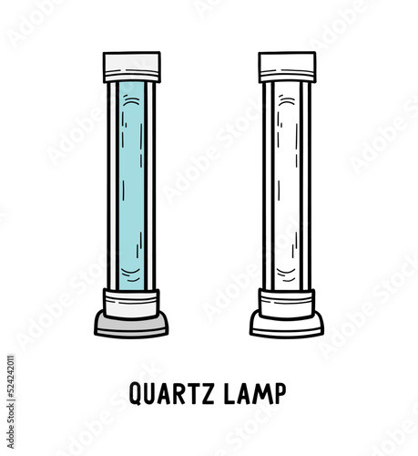Quartz lamp with ultraviolet blue radiation, mercury tube light bulb icon, vector linear illustration in doodle sketch hand drawn style