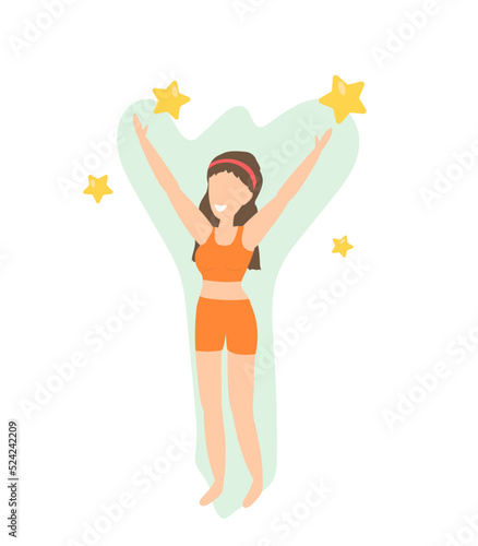 Illustration of a girl in a tracksuit. The girl rejoices at the victory in a sports competition.