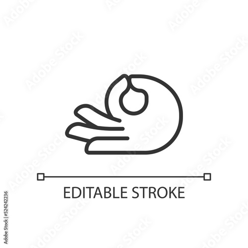 Meditation mudra pixel perfect linear icon. Touching thumb and index fingers. Body language. Thin line illustration. Contour symbol. Vector outline drawing. Editable stroke. Arial font used