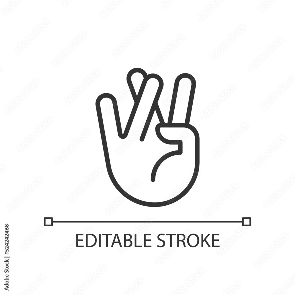 Praying for good luck pixel perfect linear icon. Crossed ring and middle fingers. Hand gesture. Thin line illustration. Contour symbol. Vector outline drawing. Editable stroke. Arial font used Praying for good luck pixel perfect linear icon. Crossed ring and middle fingers. Hand gesture. Thin line illustration. Contour symbol. Vector outline drawing. Editable stroke. Arial font used