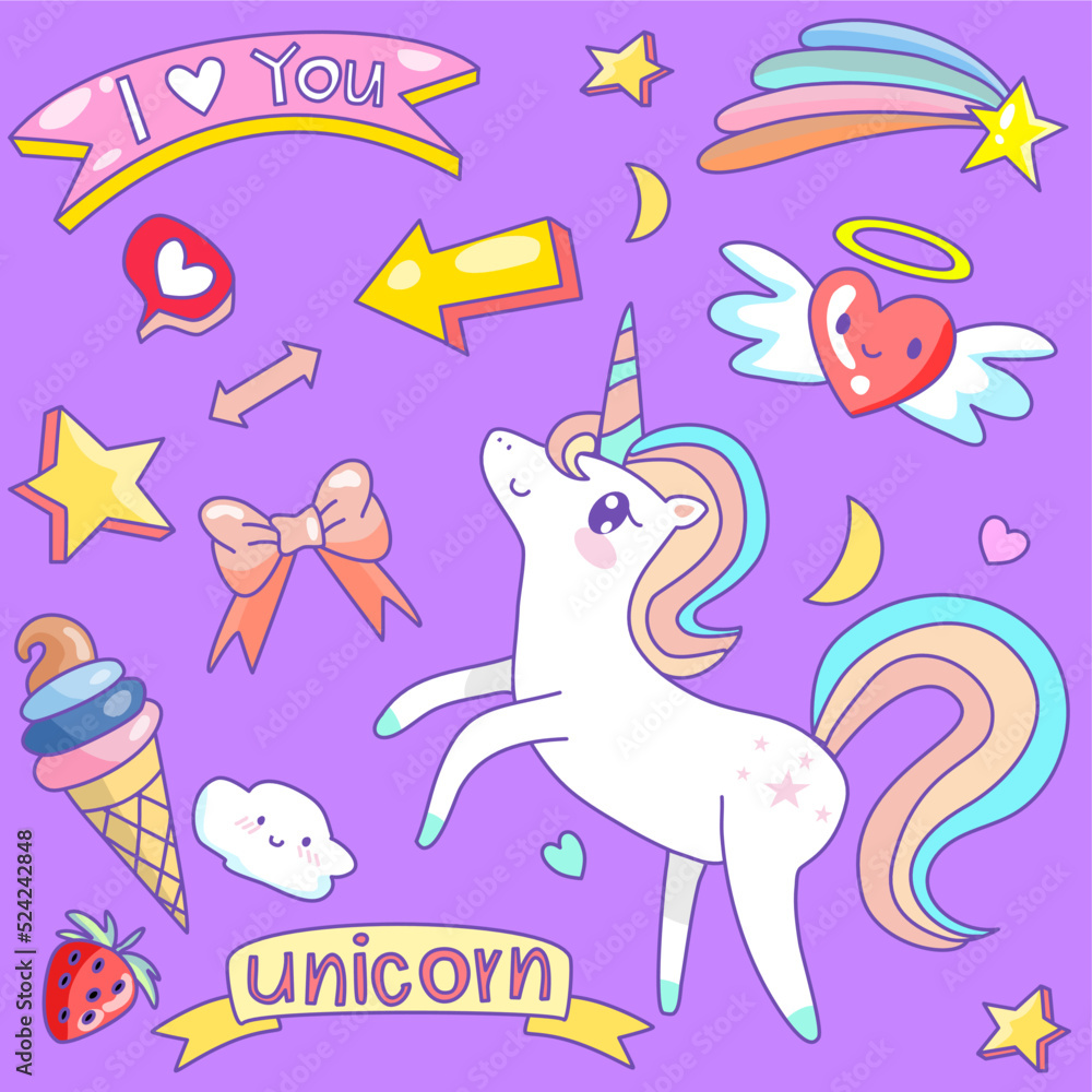 unicorn set for sticker , postcard , invitation . vector illustration , elements for kids