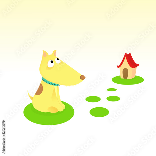 Dog in the yard with dog house  cartoon