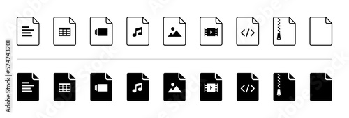 Document file type icons, black and white flat iconset