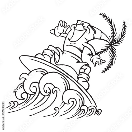 Coloring illustration of surfing palm tree mascot