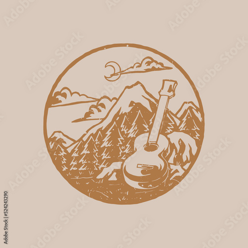 Distressed stamp illustration of guitar in the forest