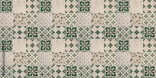 Old beige green seamless flowers leaves vintage geometric shabby mosaic ornat...