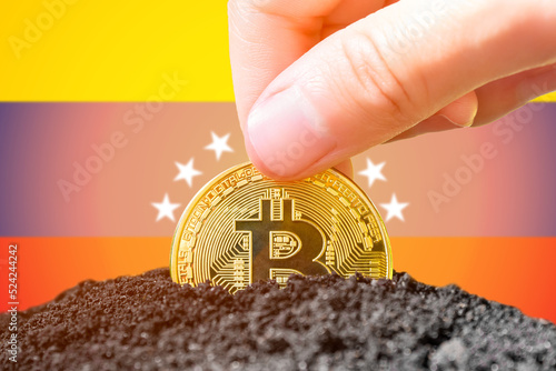 Legalization of bitcoin in Venezuela. Landing bitcoin in the ground against the background of the flag of venezuela. Venezuela - investment in cryptocurrency. photo