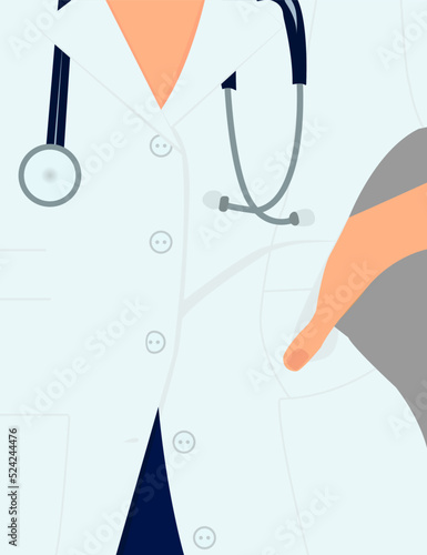 Flat illustration with doctor or nurse in white coat with stethoscope on grey background