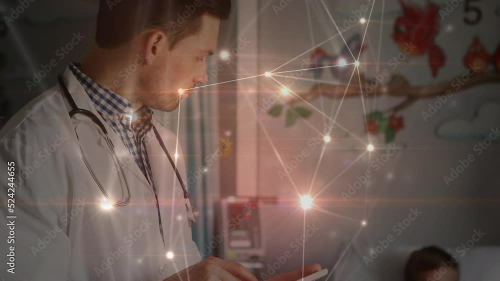 Animation of network of connections over caucasian male doctor with patient Animation of network of connections over caucasian male doctor with patient