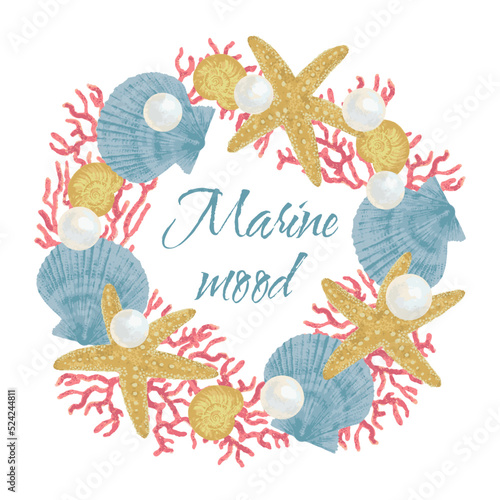 Round frame sea mood. Corals, shells, starfish, pearls. Texture vector illustration
