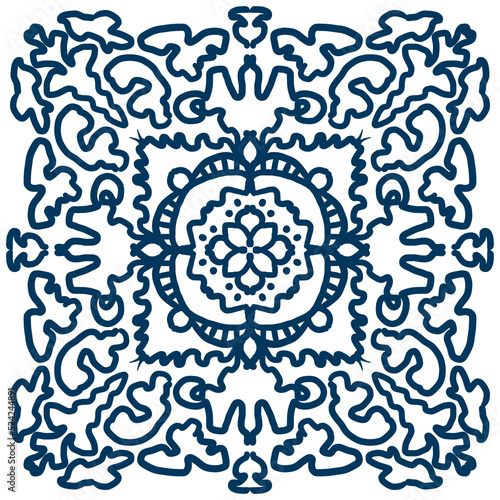 Square ornament. Italian Renaissance. Background pattern. Portuguese vector Azulejo tile. Decorative background inspired by Spanish and children's art. Abstract blue and white drawing of a mandala.