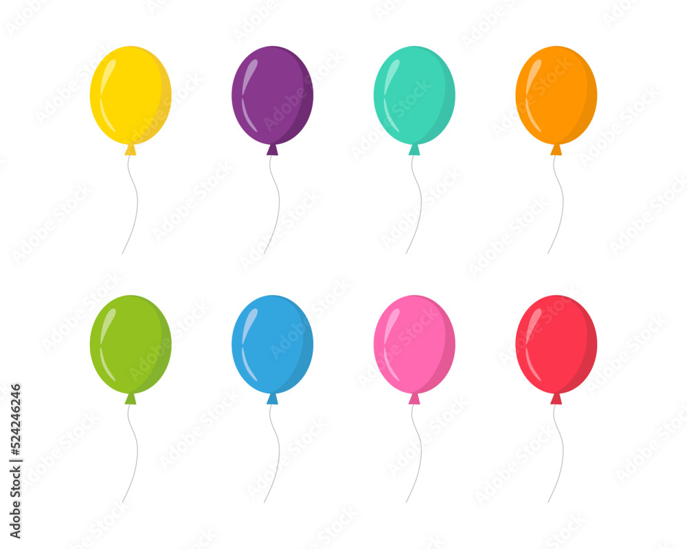 Balloon in cartoon style. Flying balloon with rope. Bunch of balloons for birthday and party. Blue, red, yellow and green ball isolated on white background. Flat icon for celebrate and carnival. eps10
