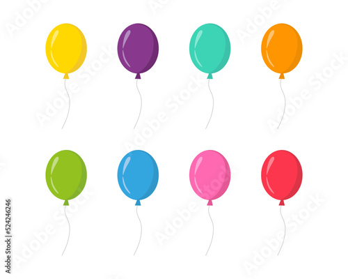 Balloon in cartoon style. Flying balloon with rope. Bunch of balloons for birthday and party. Blue  red  yellow and green ball isolated on white background. Flat icon for celebrate and carnival. eps10