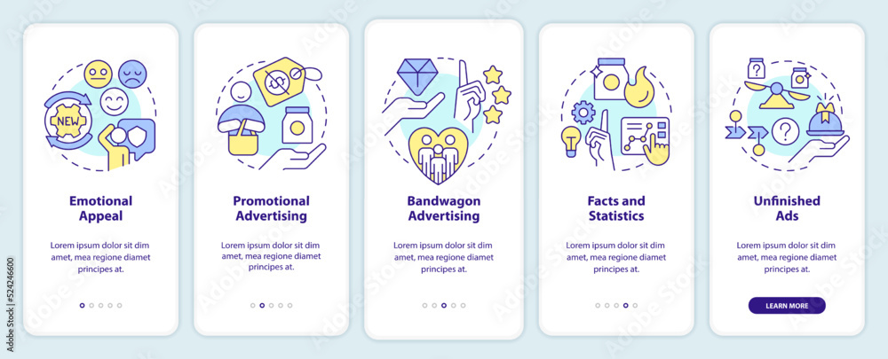 Advertising strategies in marketing onboarding mobile app screen. Walkthrough 5 steps editable graphic instructions with linear concepts. UI, UX, GUI template. Myriad Pro-Bold, Regular fonts used