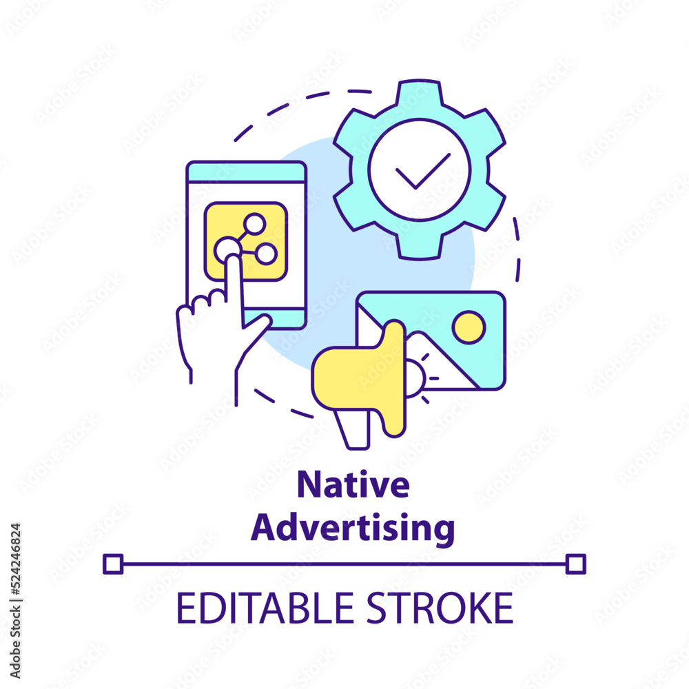 Native advertising concept icon. Type of digital ads abstract idea thin line illustration. Build brand awareness. Isolated outline drawing. Editable stroke. Arial, Myriad Pro-Bold fonts used