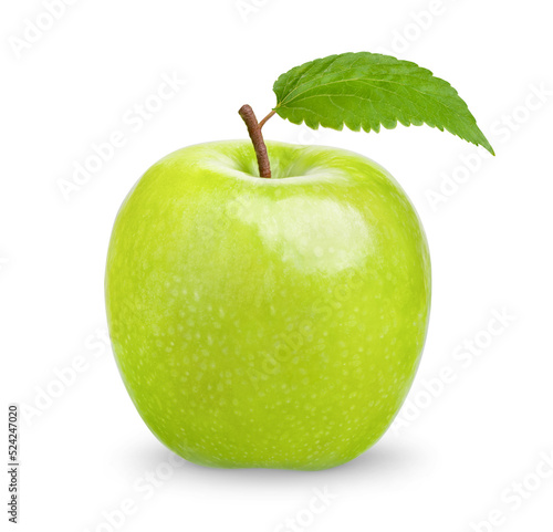 Fresh green apple with leaves isolated on transparent background (.PNG)