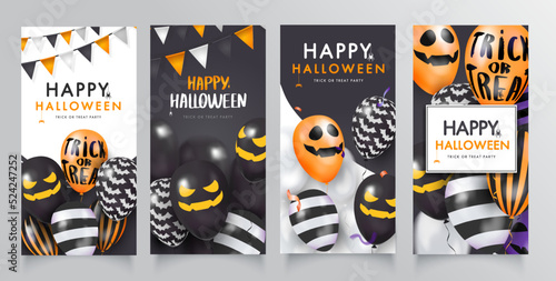 Collection black Template banner with 3d balloons with faces. Happy Halloween