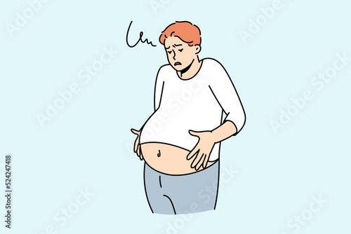 Unwell man suffer from indigestion. Unhealthy male struggle with stomach flatulence. Healthcare and bowel problem. Vector illustration. 