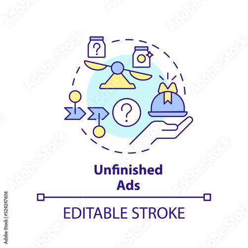 Unfinished ads concept icon. Advertising strategy abstract idea thin line illustration. Effective visual technique. Isolated outline drawing. Editable stroke. Arial, Myriad Pro-Bold fonts used