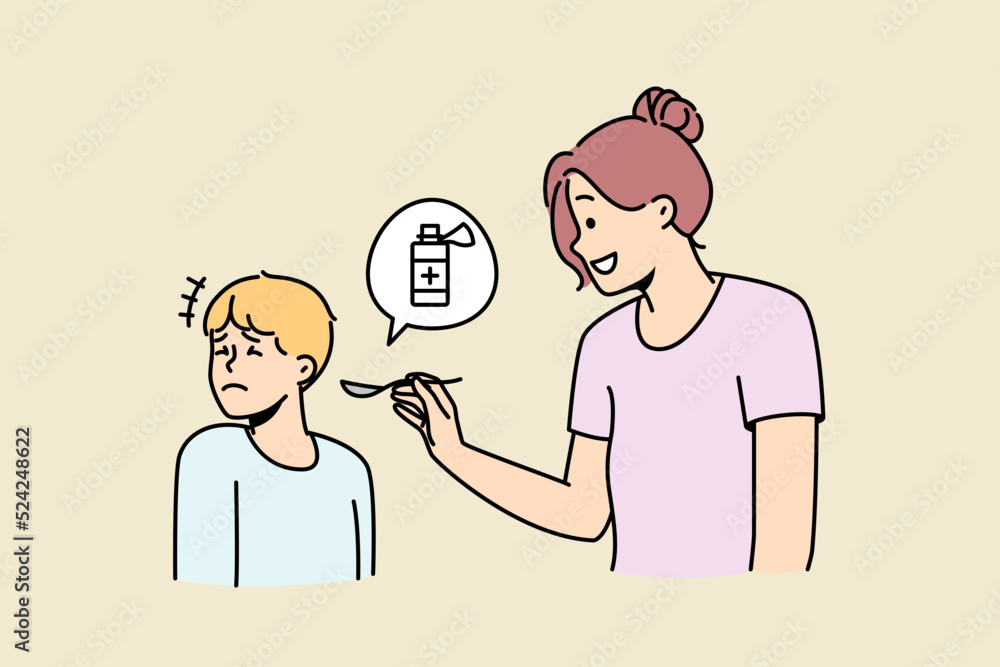 Mother giving unhappy sick child meds. Stubborn ill boy kid refuse taking medications. Children healthcare and medicine. Vector illustration. 