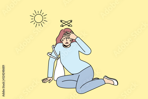 Unhealthy woman fall on ground suffer from heatstroke from hot weather outside. Female feeling bad lose consciousness struggle with heat. Overheat concept. Vector illustration. 